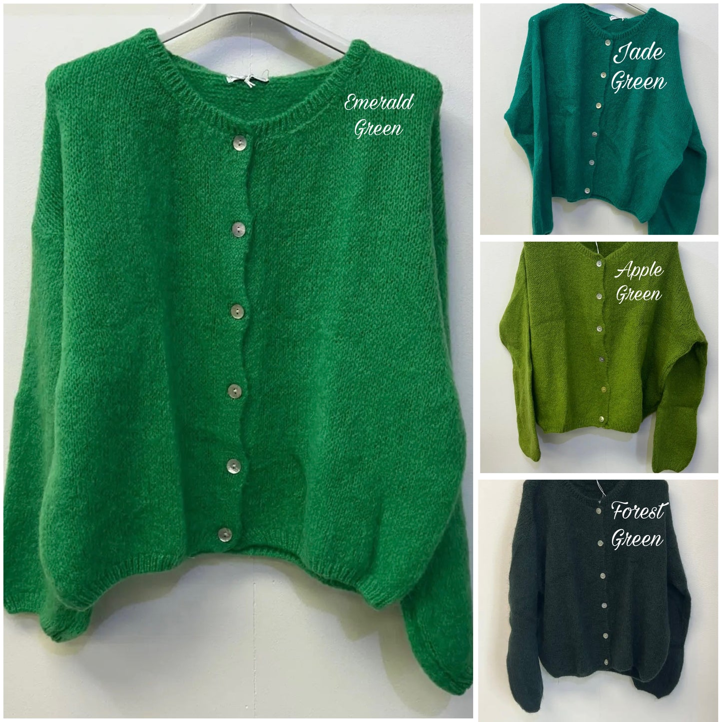 Mohair cardigan - emerald green, jade green, apple green and forest green