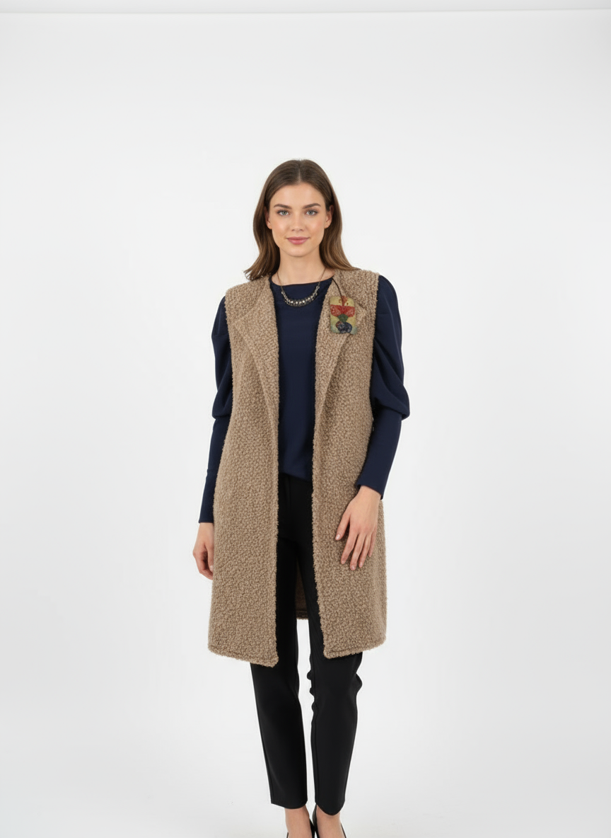Alpaca mix long line sleeveless jacket