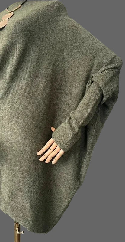 Khaki asymmetrical jumper with batwing sleeves