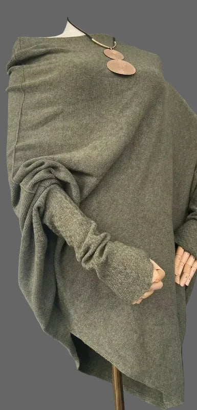 Khaki asymmetrical jumper with batwing sleeves