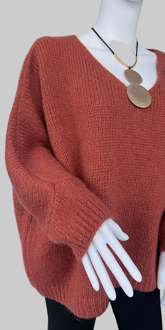 Oversized Mohair V-Neck Jumper - soft rust