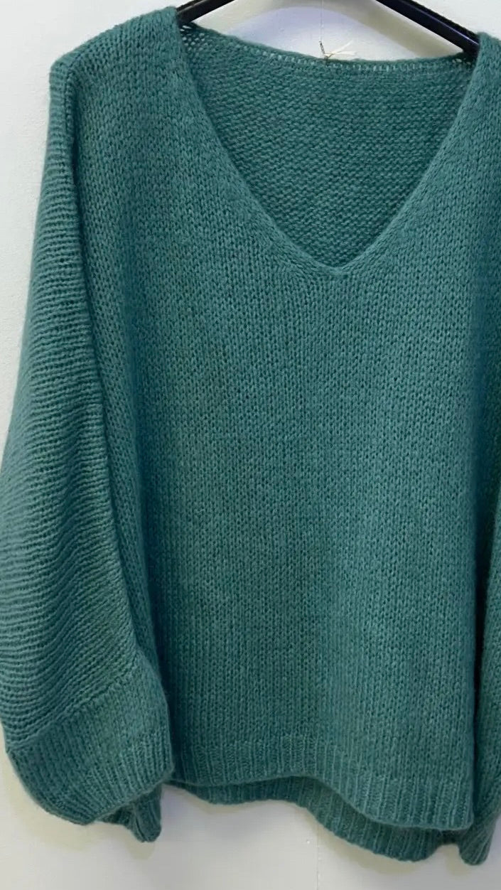 Oversized Mohair V-Neck Jumper - duck egg
