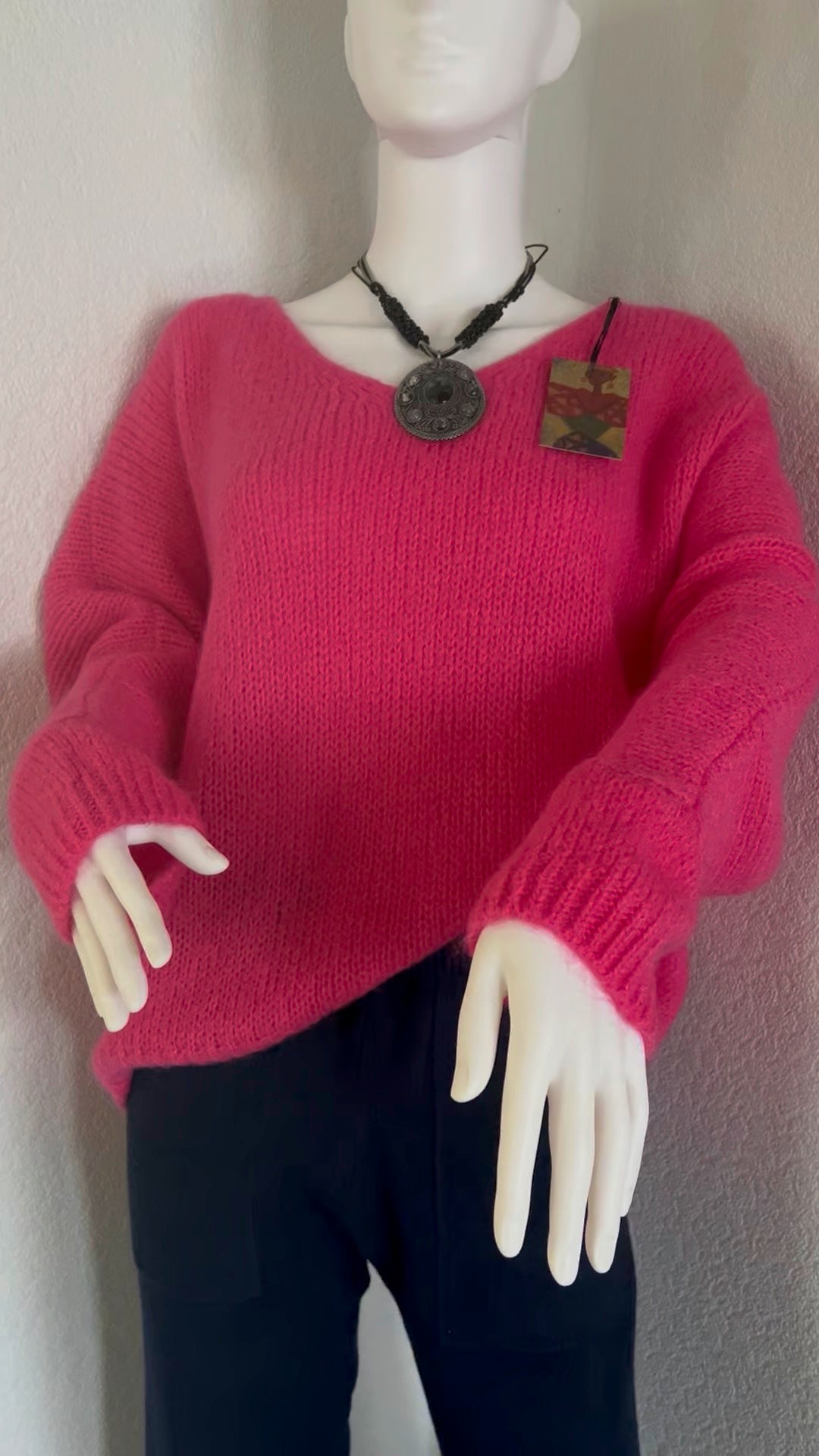 Oversized Mohair V-Neck Jumper - fuchsia