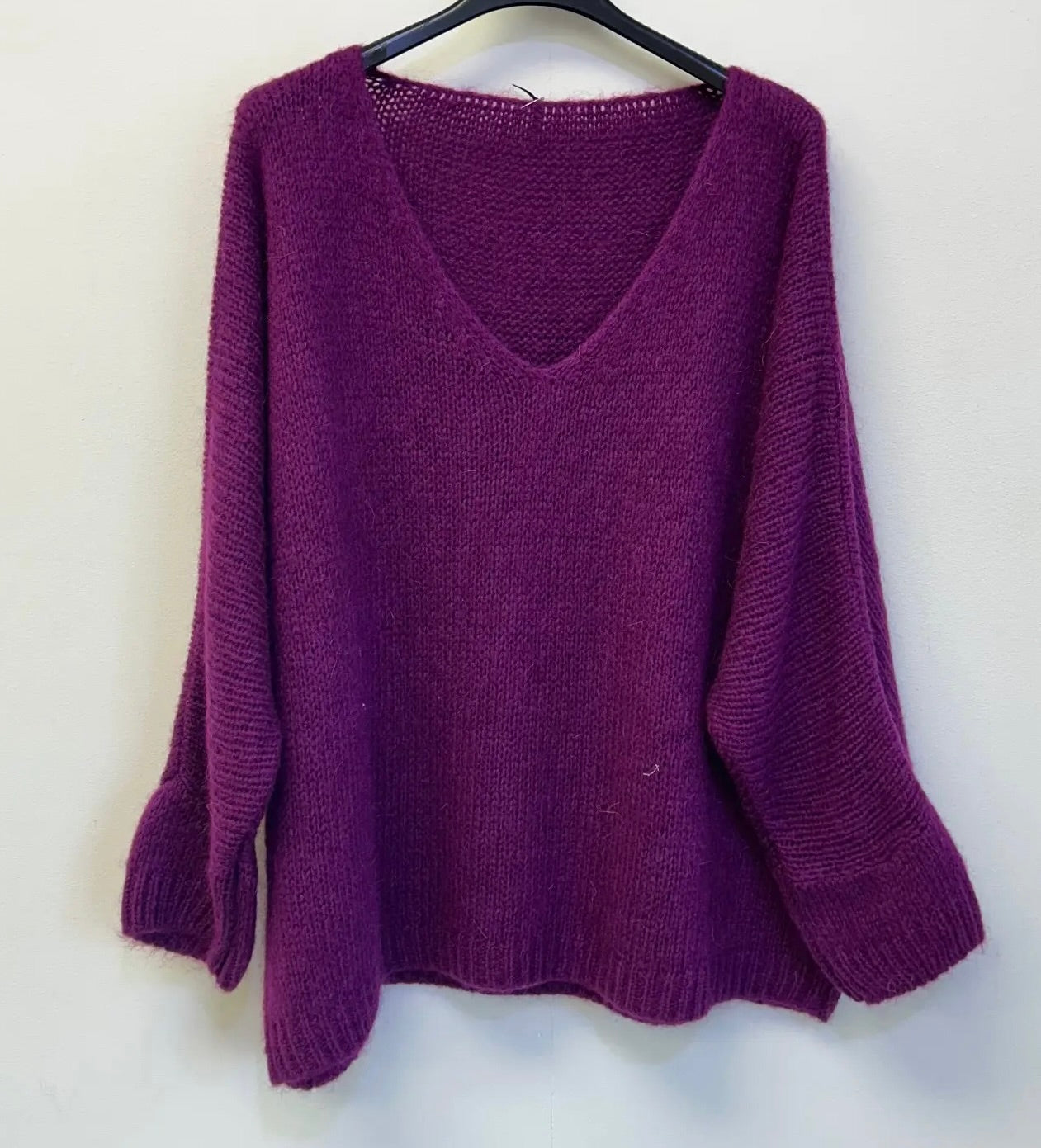 Oversized Mohair V-Neck Jumper - aubergine