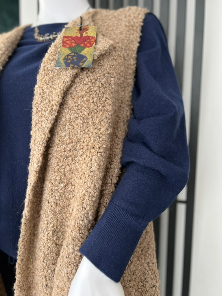 Alpaca mix long line sleeveless jacket