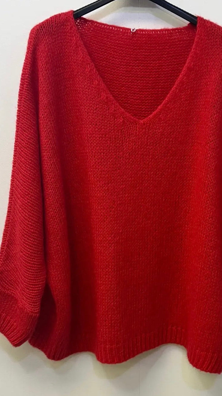Oversized Mohair V-Neck Jumper - red