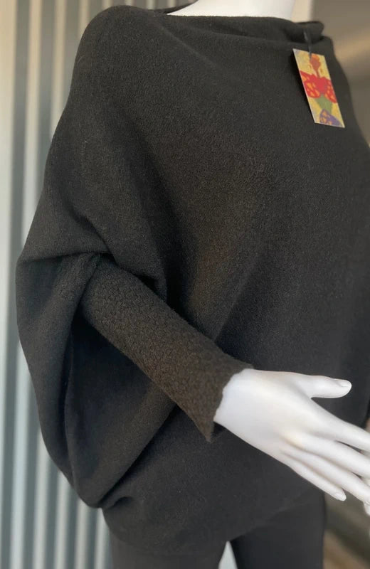 Black asymmetrical jumper with batwing sleeves