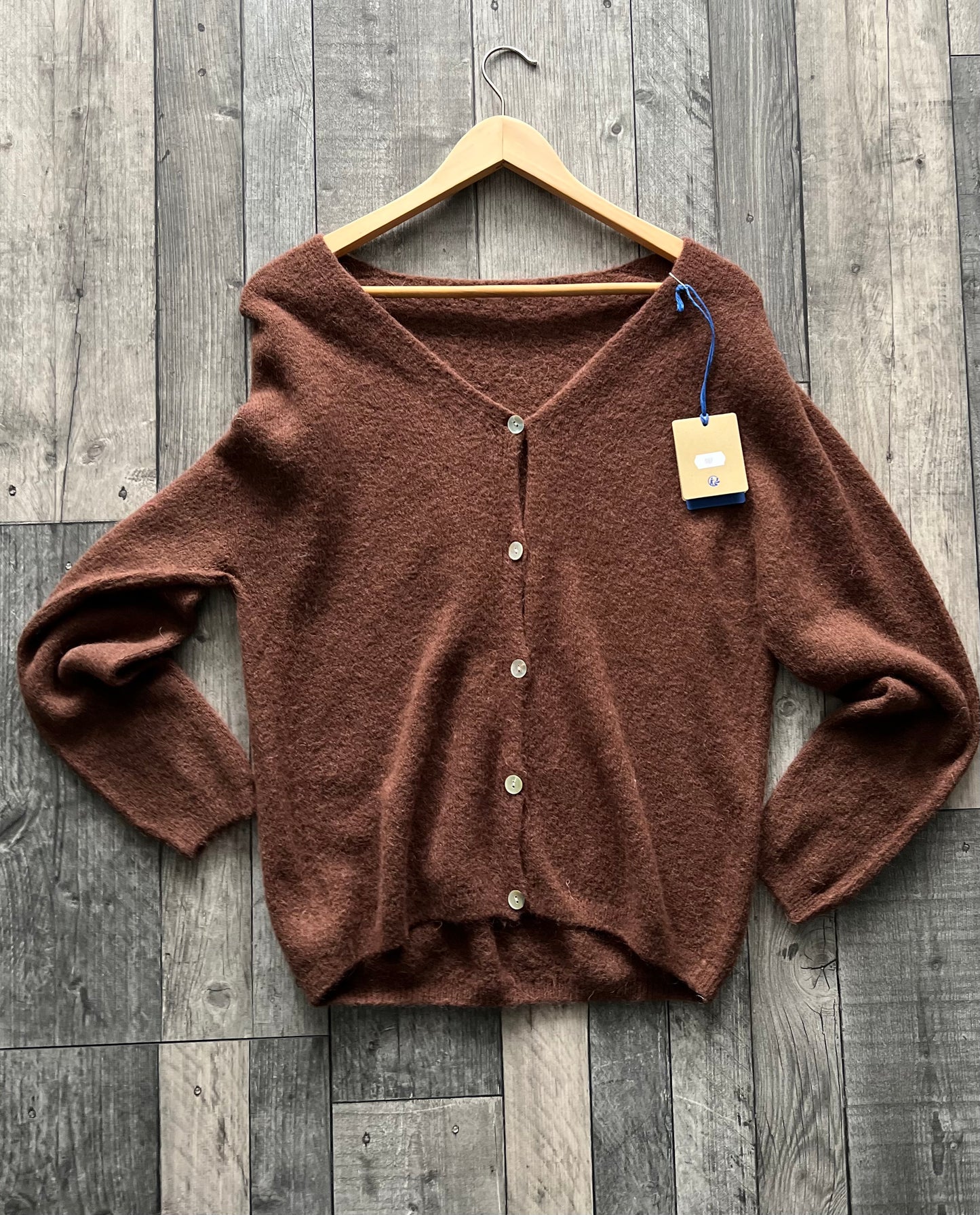 Chocolate brown v-neck alpaca cardigan with buttons