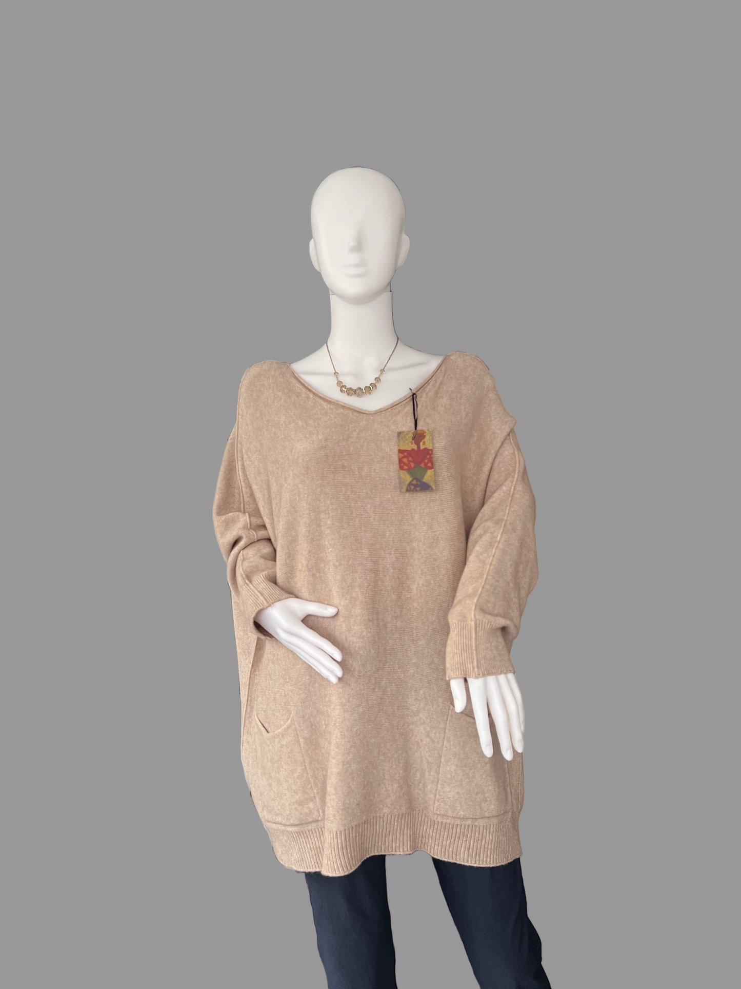 Oversized Fine Knit Jumper Relaxed Fit Beige Plus size Sweater with Pockets