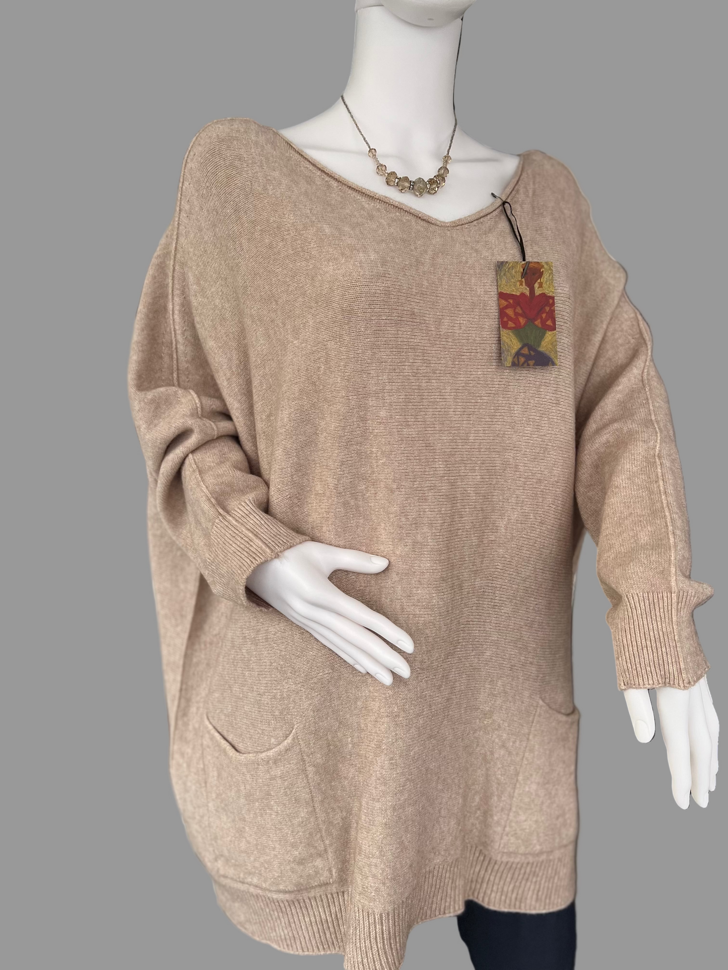 Oversized Fine Knit Jumper Relaxed Fit Beige Plus size Sweater with Pockets