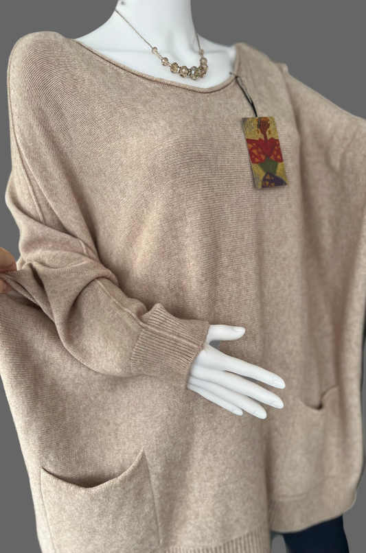 Oversized Fine Knit Jumper Relaxed Fit Beige Plus size Sweater with Pockets