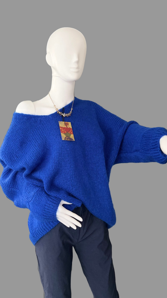 Oversized Mohair V-Neck Jumper - royal blue