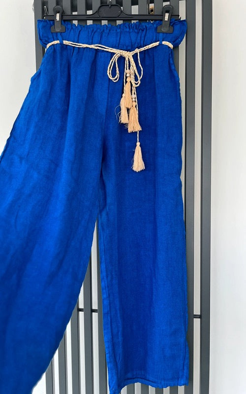 Royal blue linen trousers with tassel belt