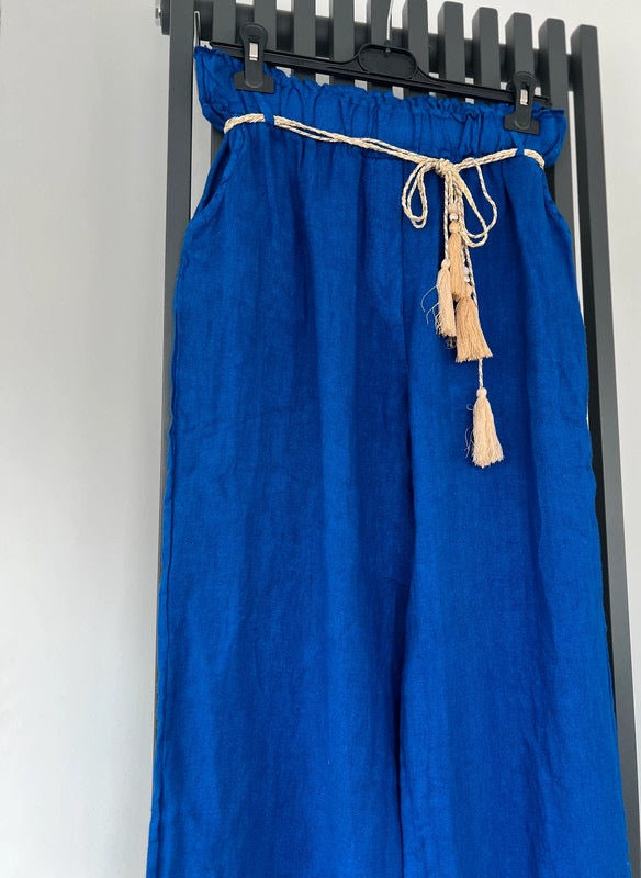 Royal blue linen trousers with tassel belt