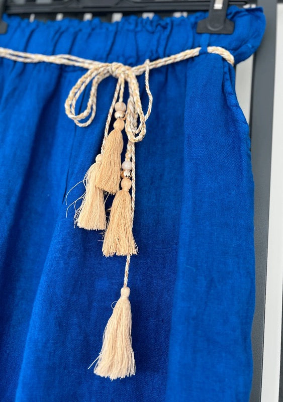 Royal blue linen trousers with tassel belt