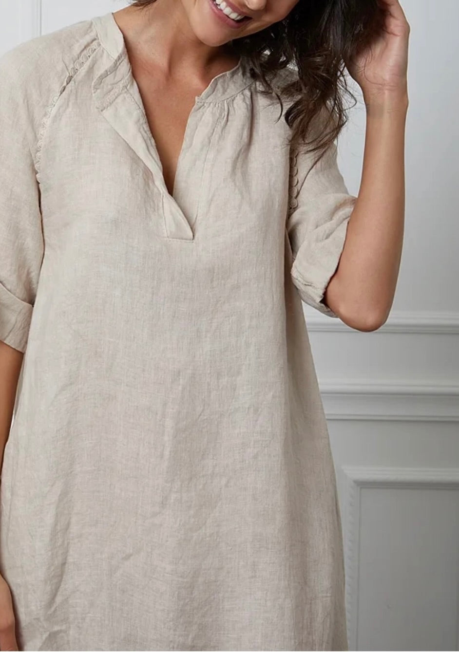 Linen maxi v-neck dress, made in Italy - beige