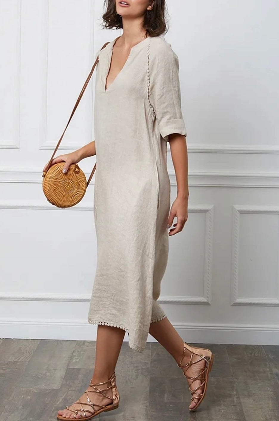 Linen maxi v-neck dress, made in Italy - beige