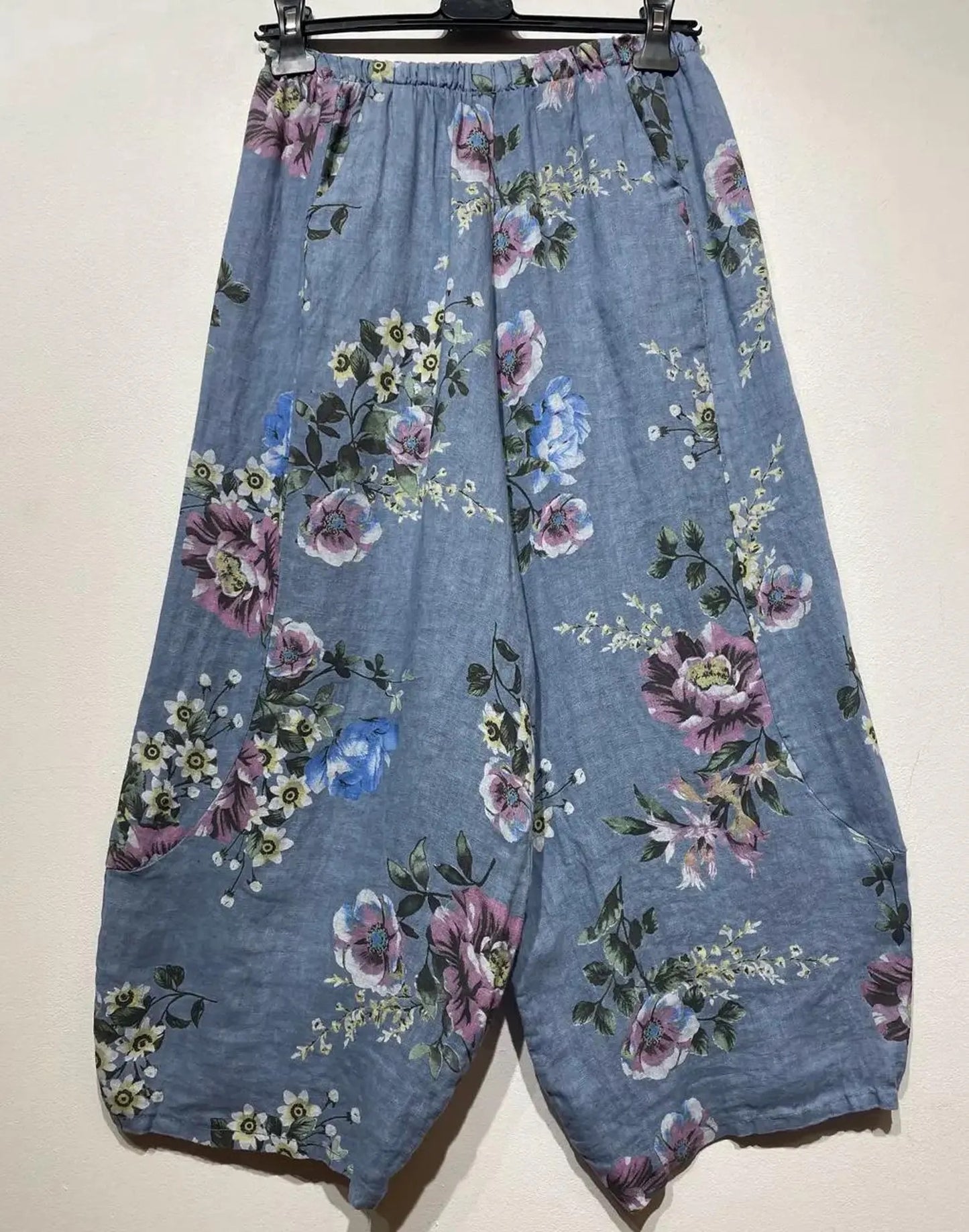 Floral print baggy linen trousers - blue