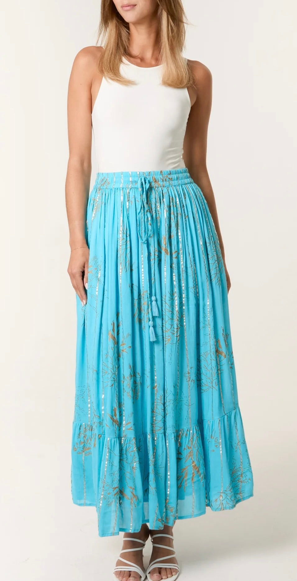 Gold foil maxi skirt - aqua blue
