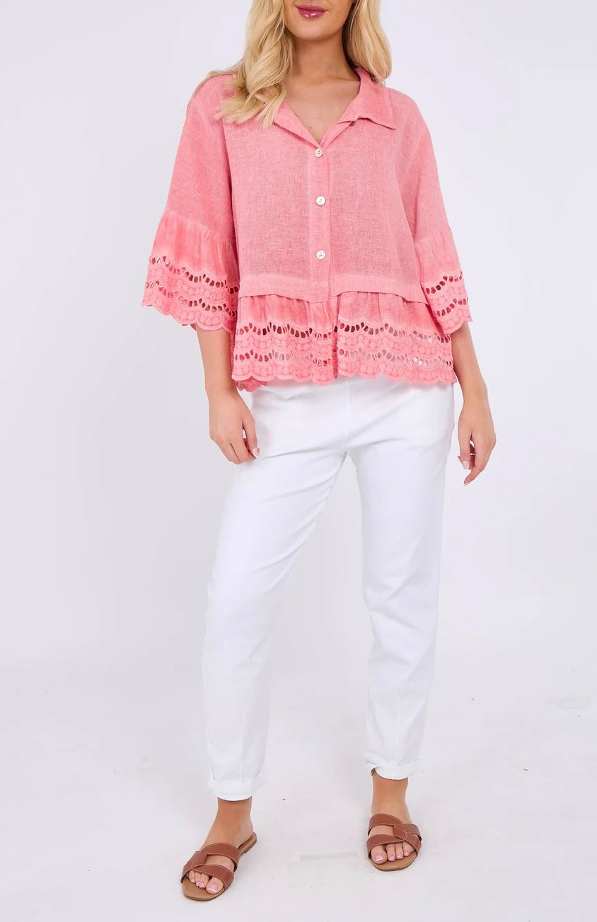 Coral linen embroidered shirt