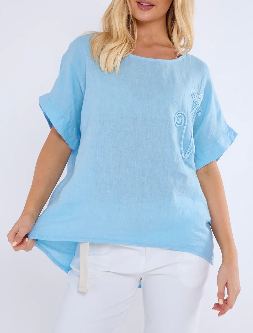 Light blue embroidered floral linen top
