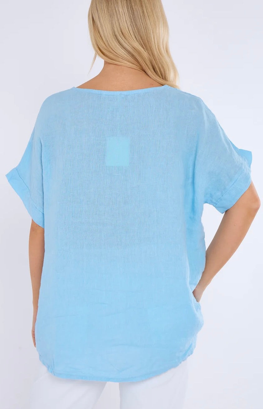 Light blue embroidered floral linen top