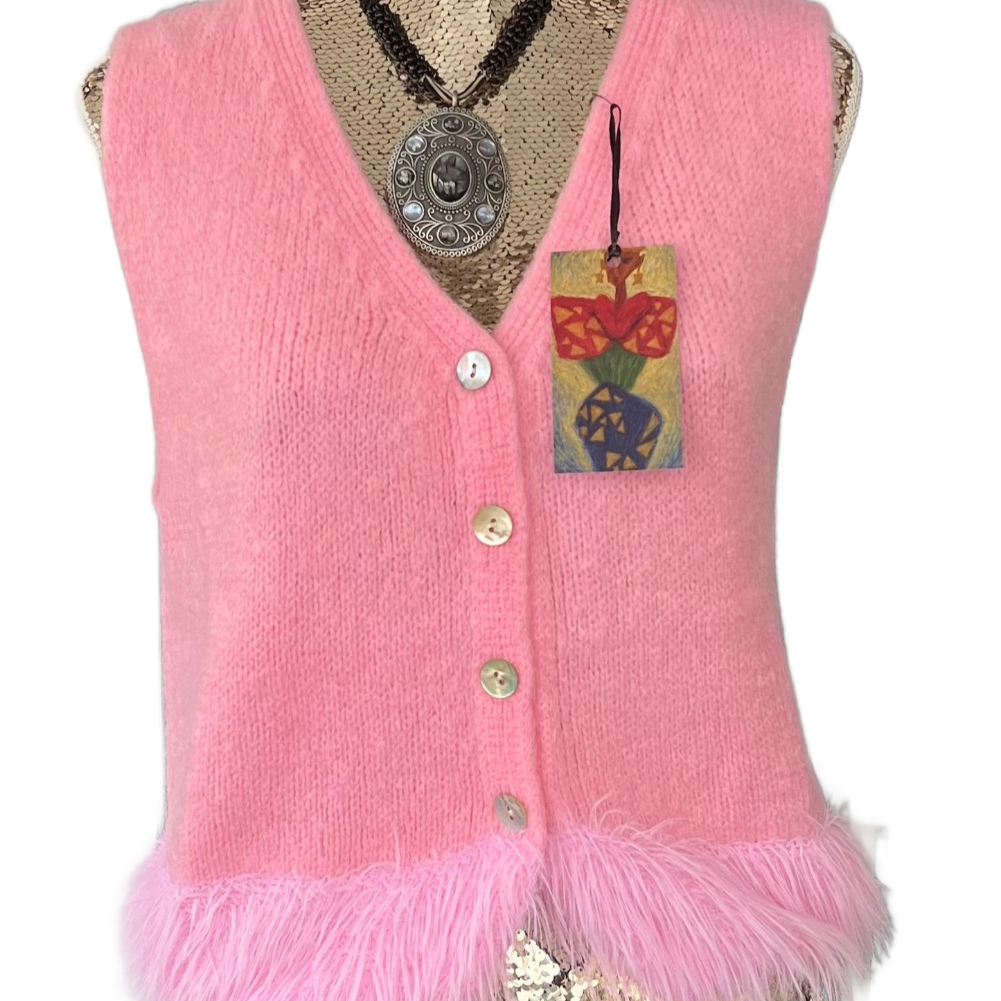 Alpaca knit, pink sleeveless cardigan with buttons