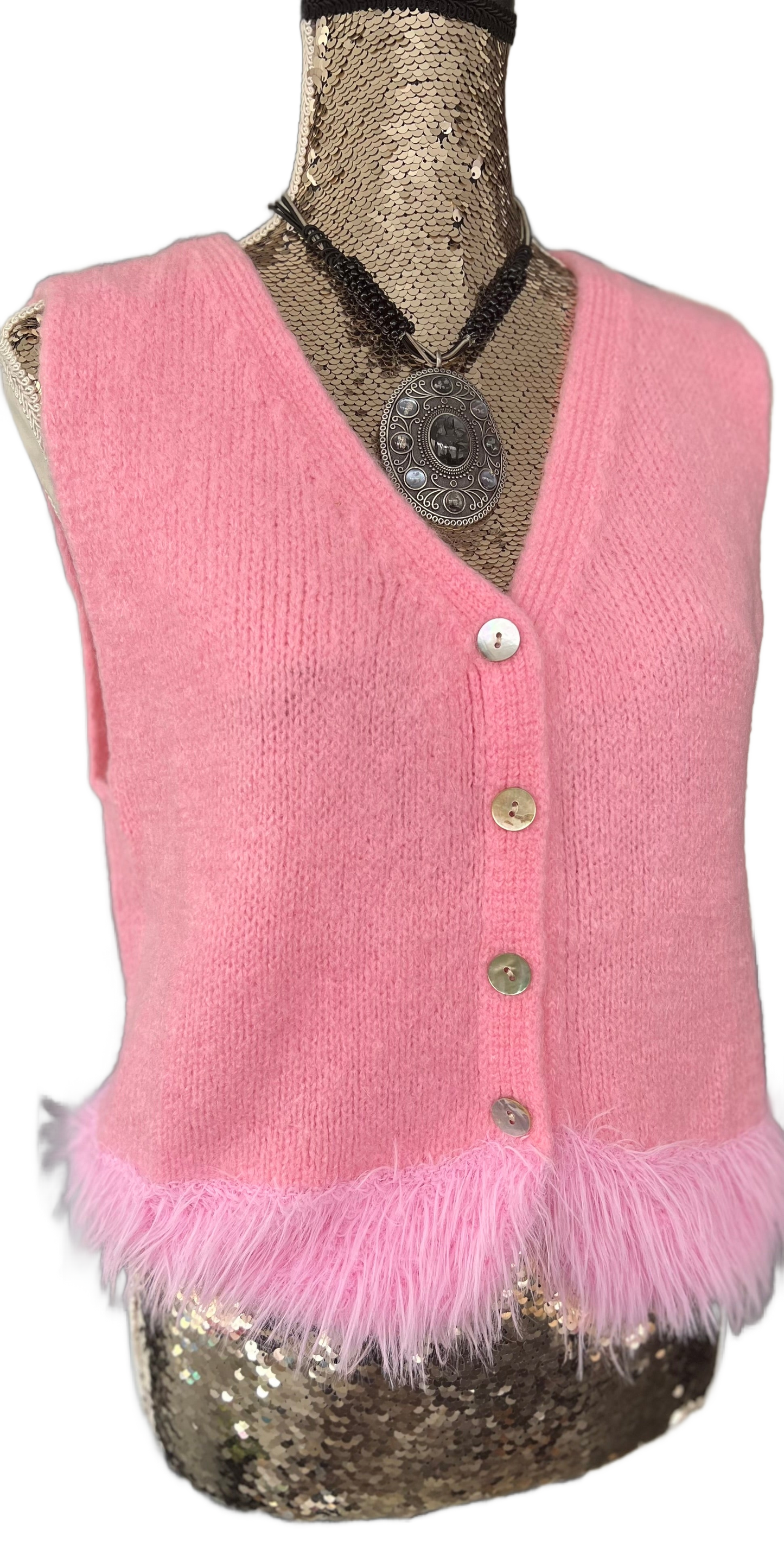 Alpaca knit, pink sleeveless cardigan with buttons