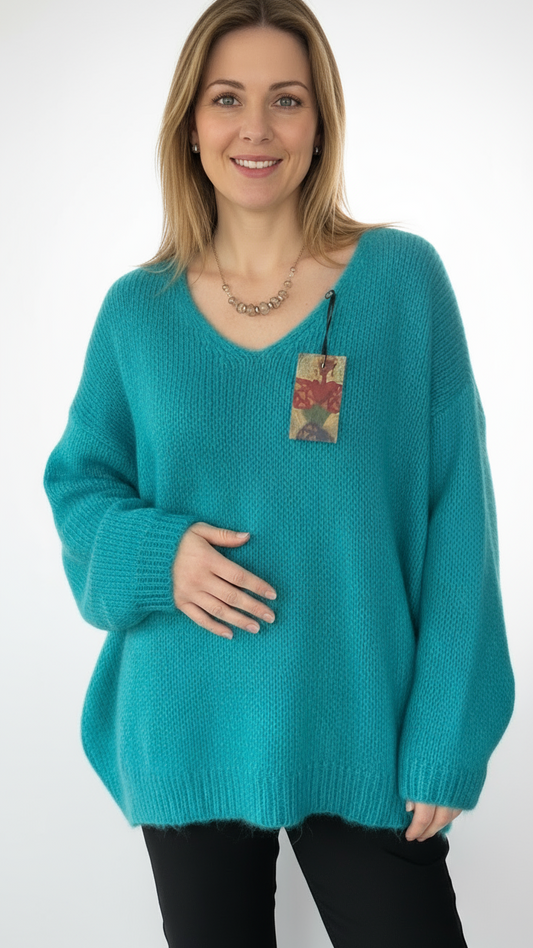Oversized Mohair V-Neck Jumper - turquoise