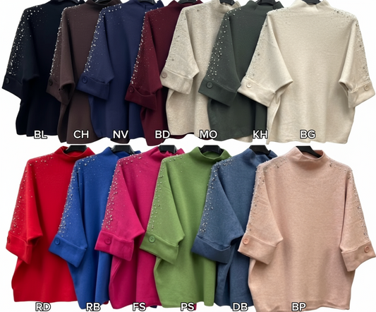 Turtleneck jumper, 3/4 sleeve with pearls - 13 colours
