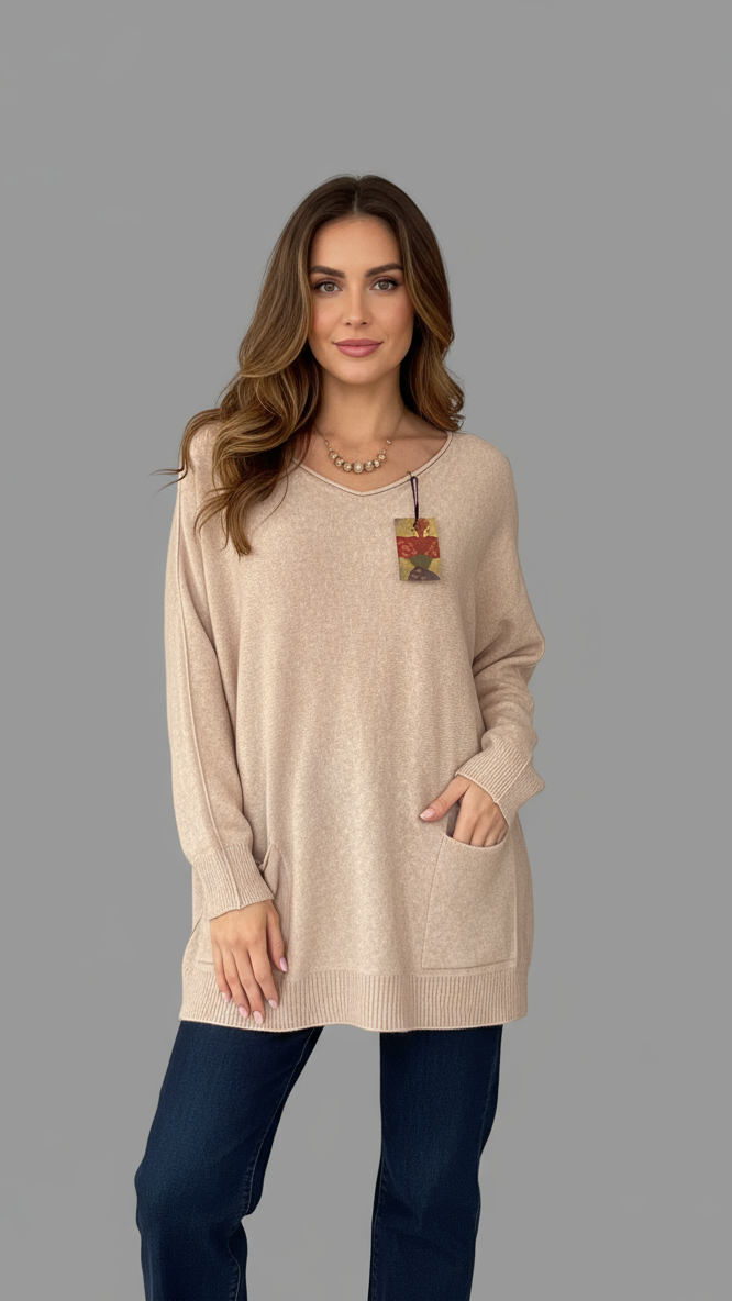 Oversized Fine Knit Jumper Relaxed Fit Beige Plus size Sweater with Pockets