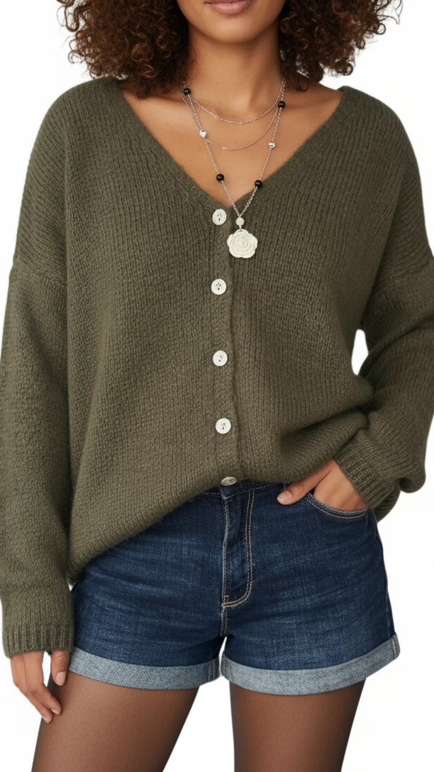 Khaki mohair mix cardigan with buttons