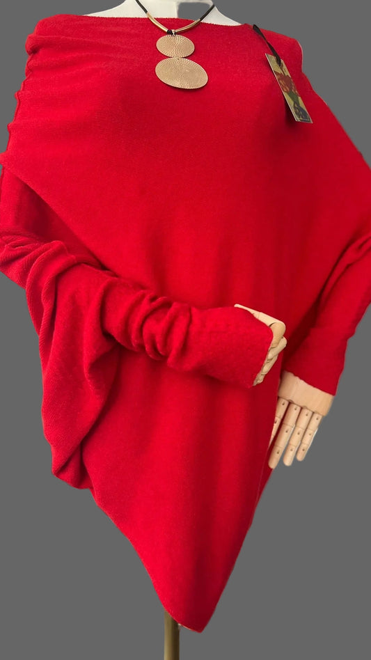 Red asymmetrical jumper with batwing sleeves