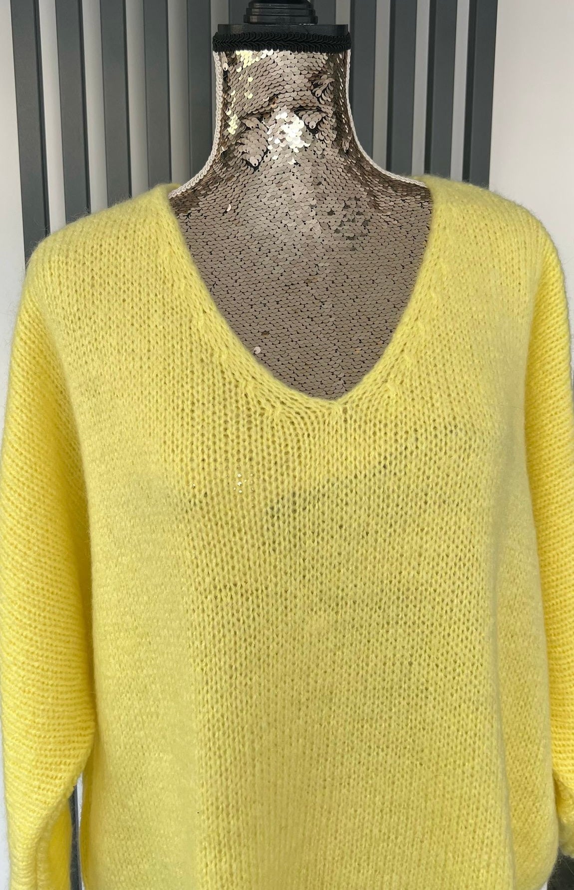 Lemon (yellow) sweater, v-neck mohair jumper