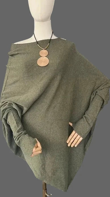Khaki asymmetrical jumper with batwing sleeves
