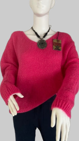 Oversized Mohair V-Neck Jumper - fuchsia