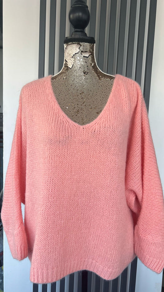 Peach sweater, v-neck mohair jumper