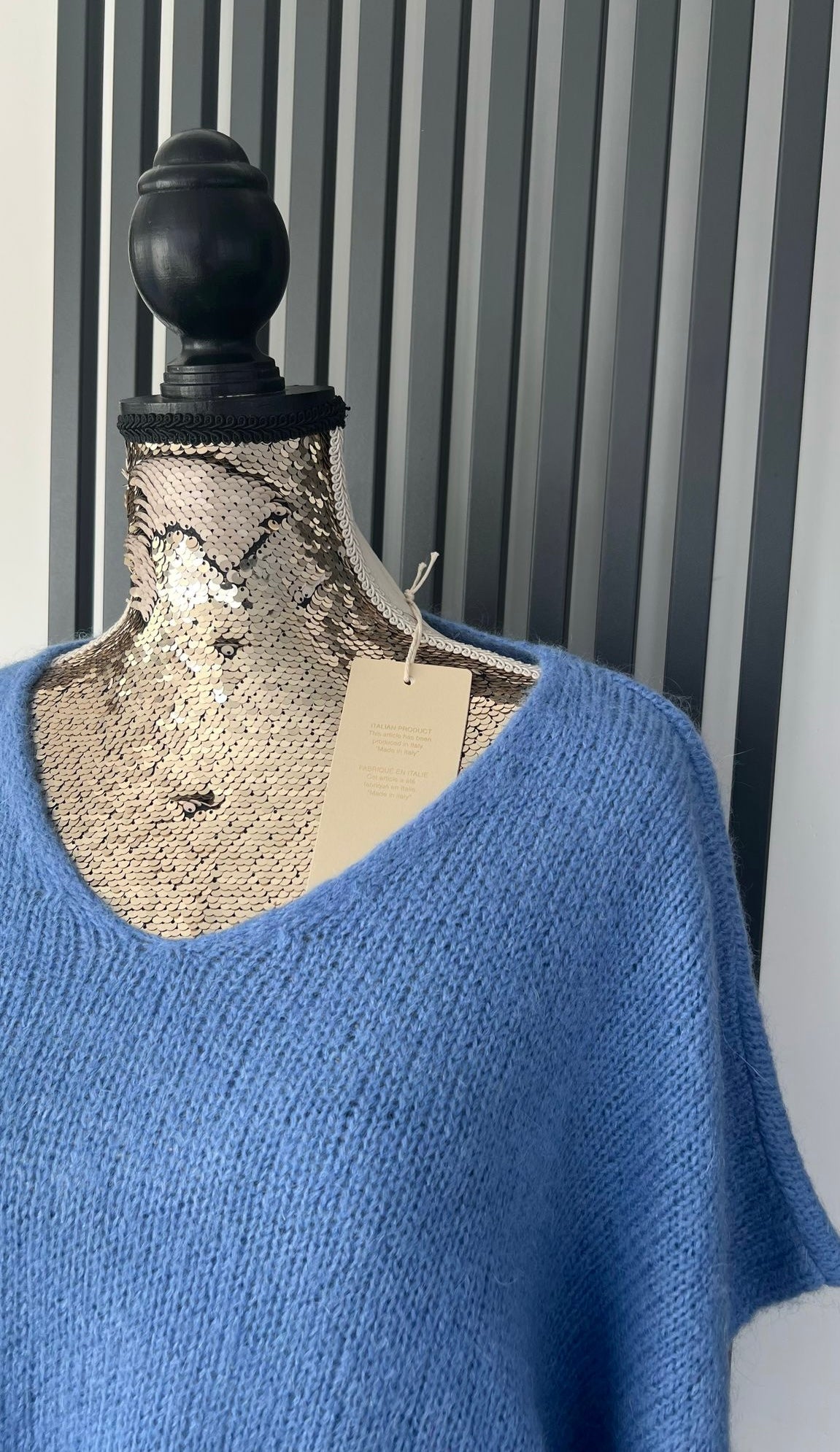 V-neck mohair sleeveless denim blue jumper