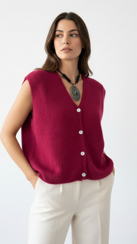 Magenta Sleeveless Jumper Alpaca Tank Top buttoned vest