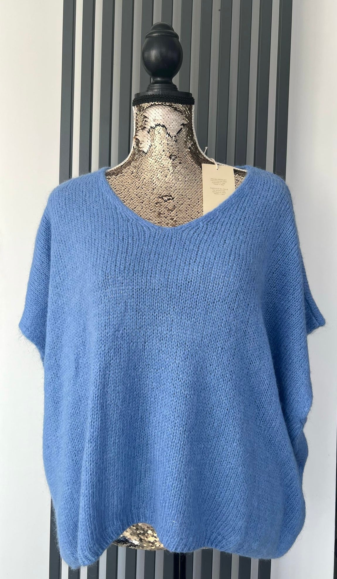 V-neck mohair sleeveless denim blue jumper