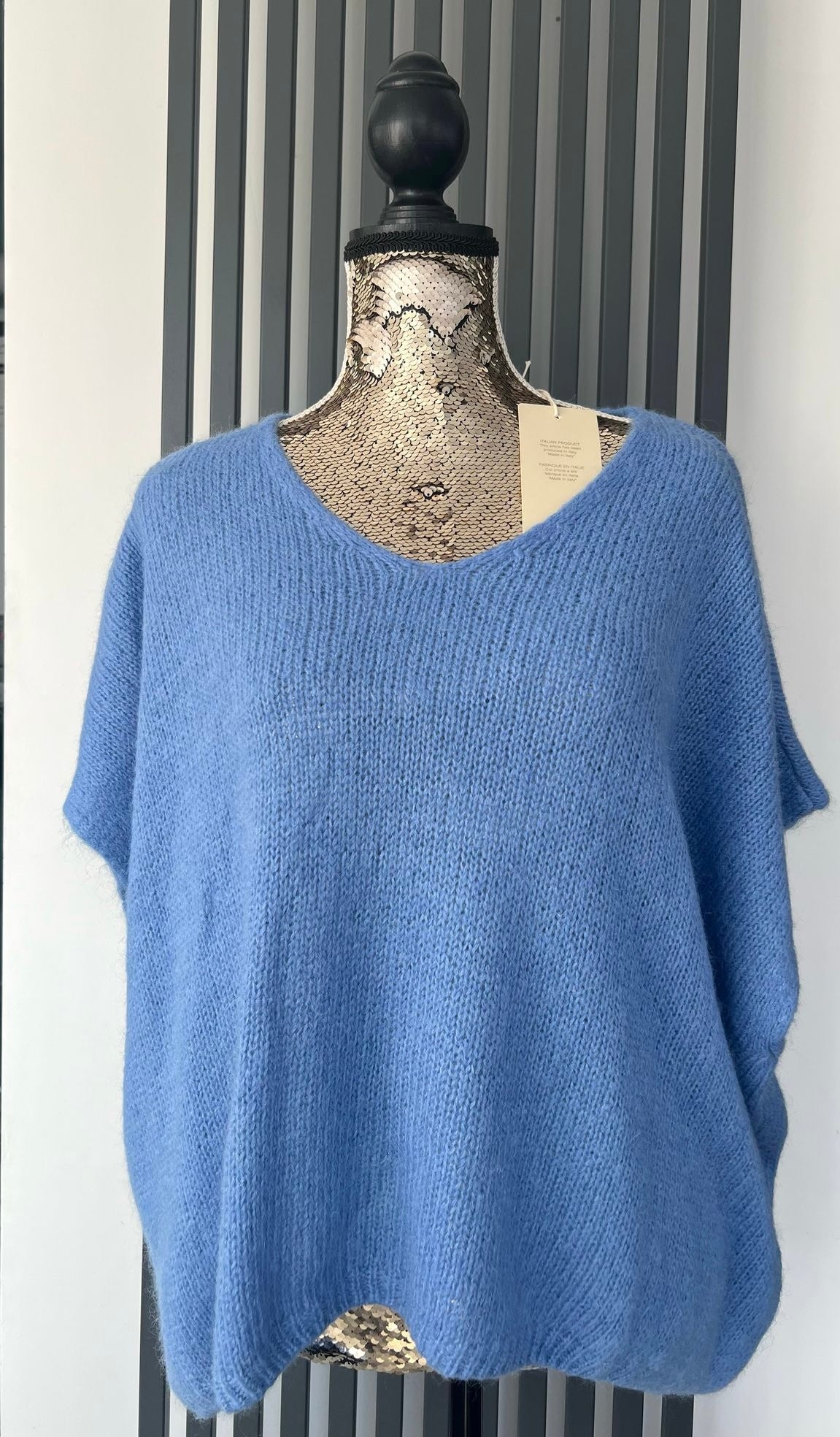 V-neck mohair sleeveless denim blue jumper