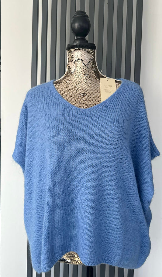 V-neck mohair sleeveless denim blue jumper