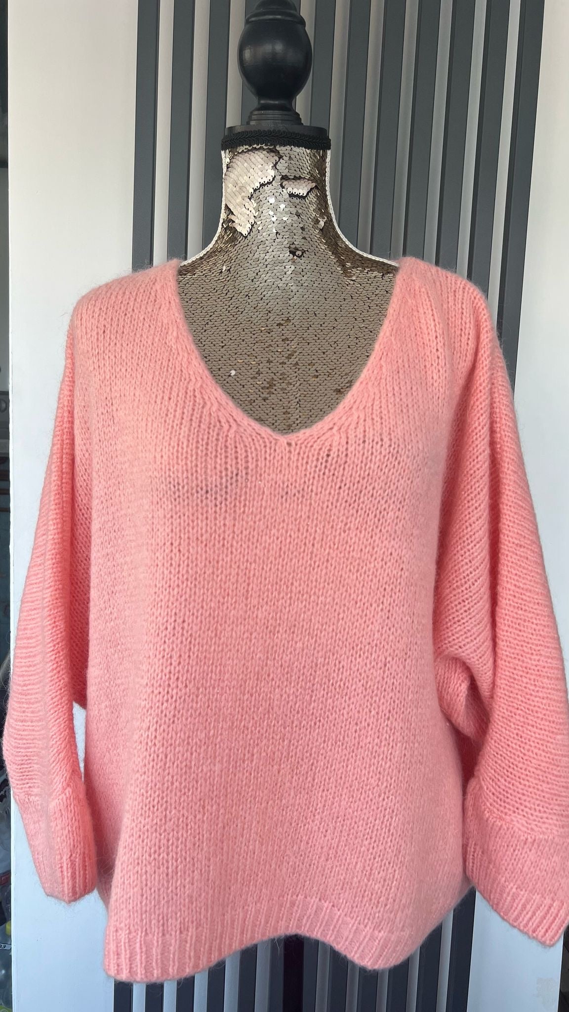 Peach sweater, v-neck mohair jumper