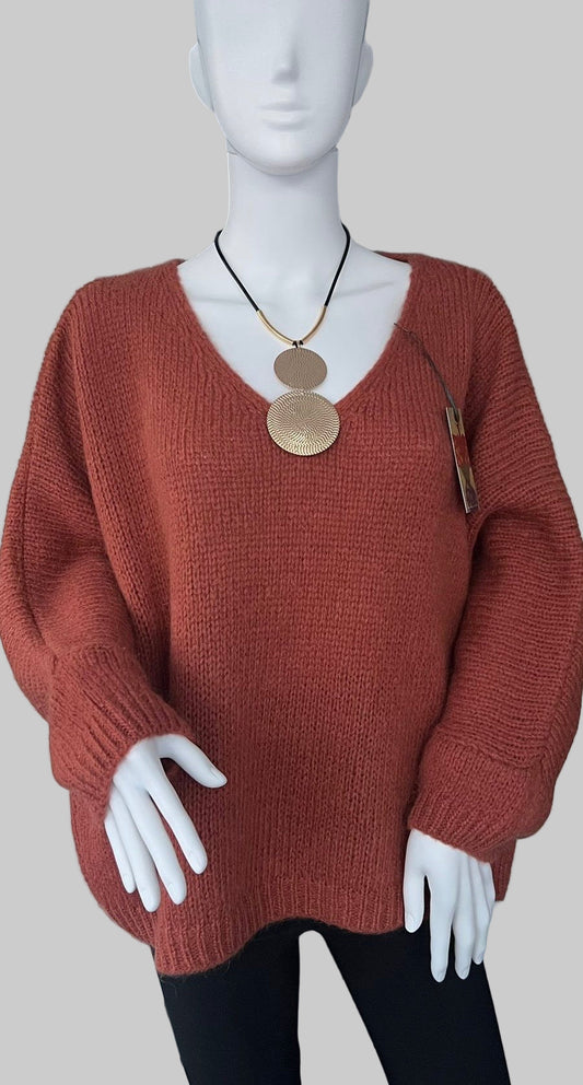 Oversized Mohair V-Neck Jumper - soft rust
