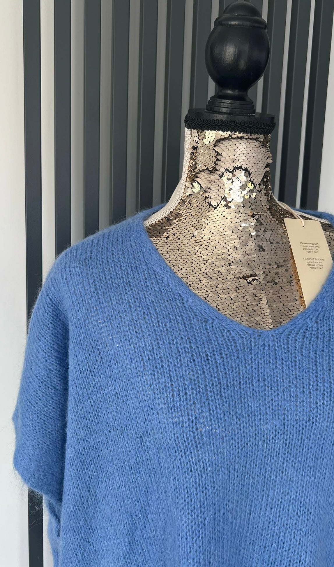 V-neck mohair sleeveless denim blue jumper