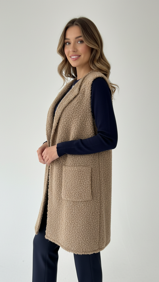 Alpaca mix long line sleeveless jacket