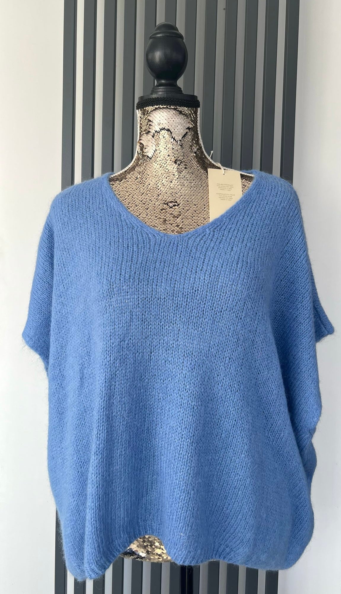 V-neck mohair sleeveless denim blue jumper