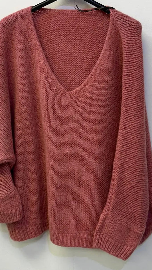 Oversized Mohair V-Neck Jumper - rose pink