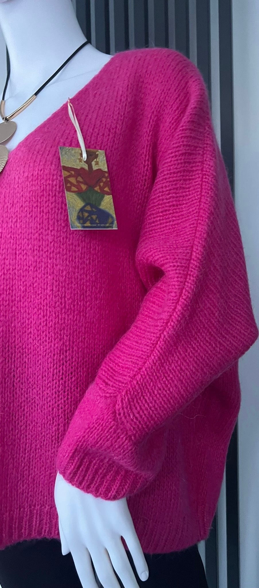 Oversized Mohair V-Neck Jumper - raspberry pink / fuchsia