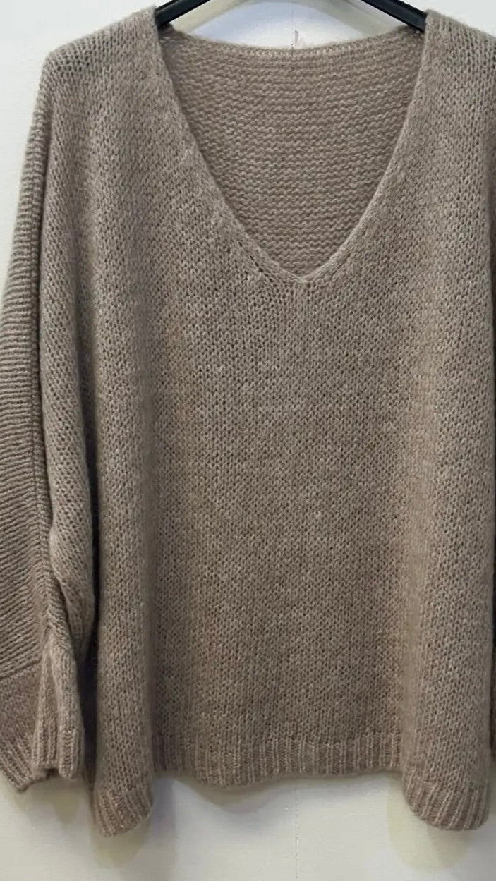Oversized Mohair V-Neck Jumper - stone